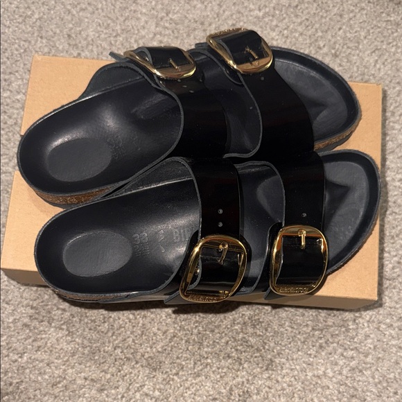 Black Big Buckle Shiny Birkenstock Sandals with Gold Buckles - Picture 2 of 5